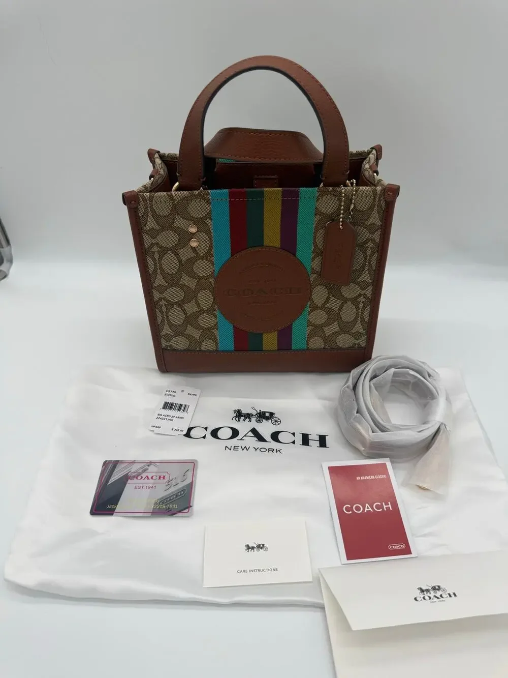 Coach Dempsey Tote 22 Signature Jacquard Canvas Rainbow Stripe Leather Bag C5119